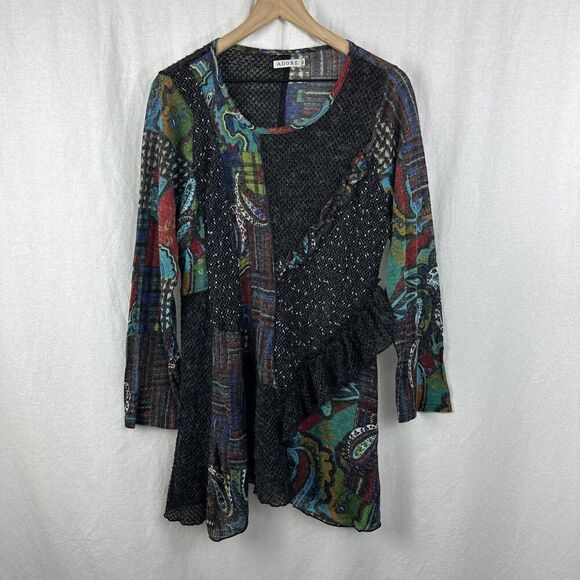 Adore Tops - Adore Artsy Mixed Media Patchwork Textured Long Sleeve Tunic Top Womens Size M